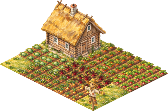 A thatched farmhouse with beds of carrots, strawberries, cabbages and beets, and a scarecrow